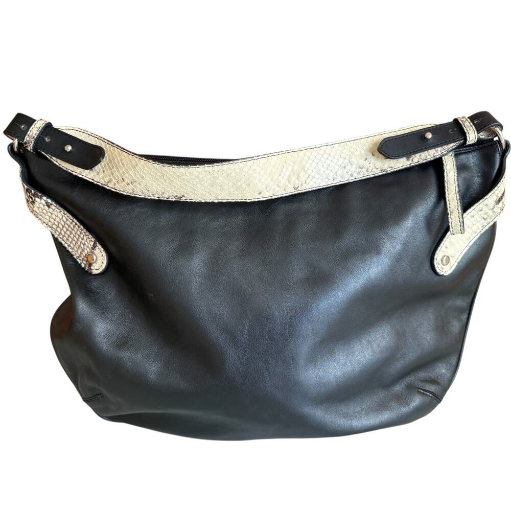 Italian Leather Curved Bottom Hobo Bag Black Python Trim